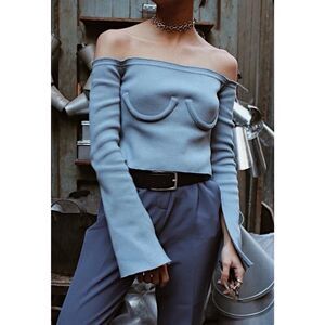Orseund Iris Bustier Off Shoulder Ribbed Knit Sweater Top Blue M Cotton Blend